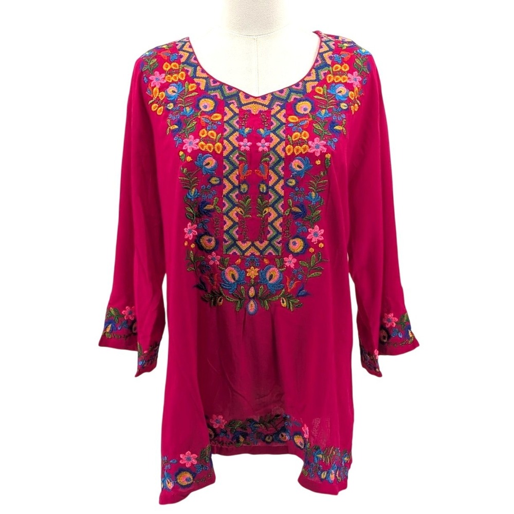 Embroidered Tunic Top Pink Floral Boho Folk Art Rayon India Size L